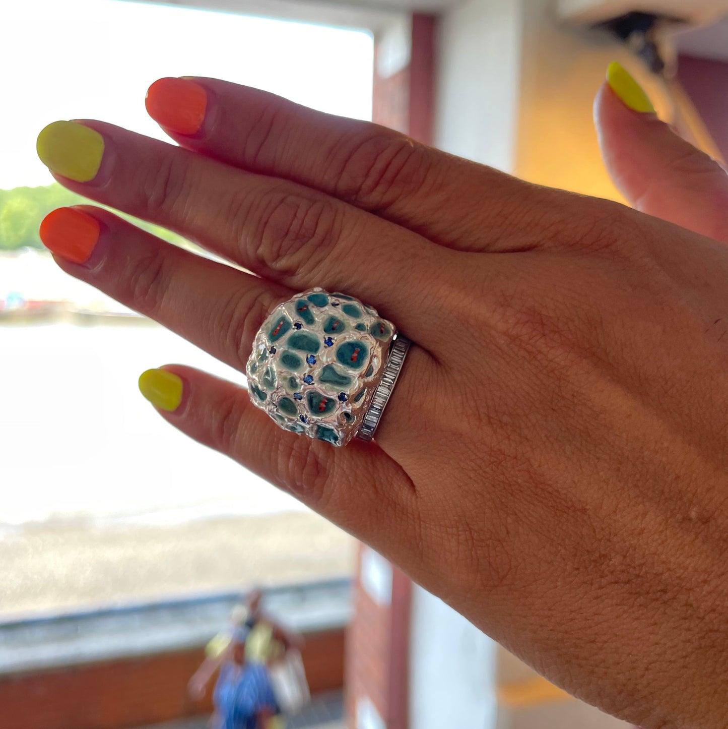 Silver Ring with Plique-à-Jour Enamel, Fishes and Blue Sapphires