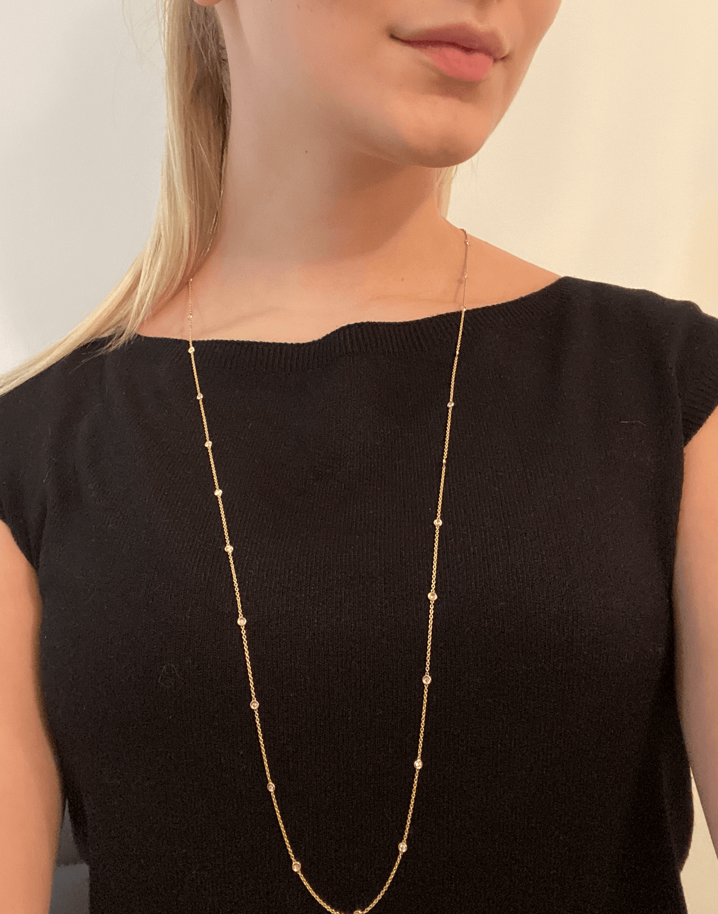 Maura - Long Yellow 18 Carat Gold Necklace, set with 1 Carat White Diamonds - LaParra Jewels-bespoke and one of a kind fine jewellery-london